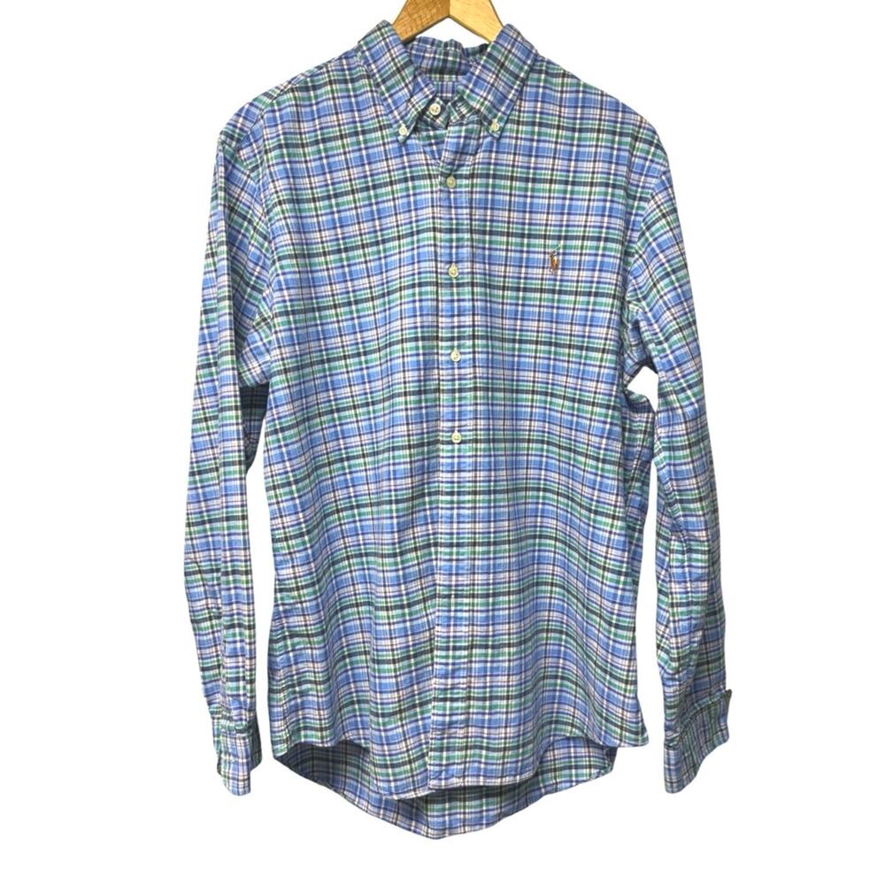 Polo Ralph Lauren Mens Large Blue Green Plaid Button Down Shirt Long Sleeve